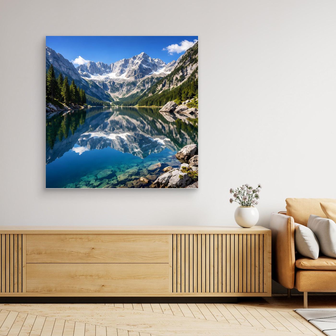 Leinwandbild Alpenpanorama mit blauem Rand und hellem Holzrahmen, quadratisch
