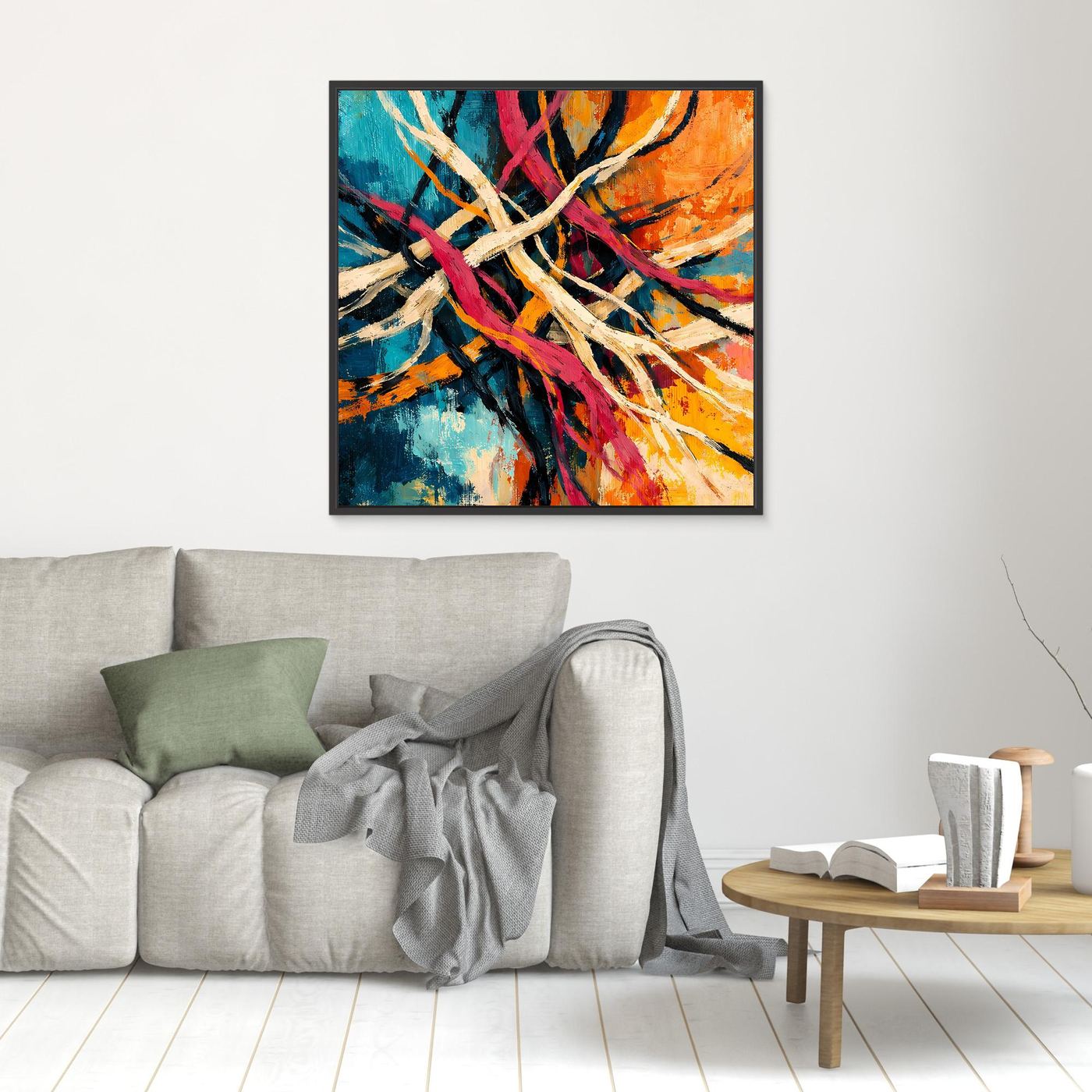 Abstraktes Leinwand-Wandbild mit Liniengeflecht in Blau, Pink und Orange und schwarzem Rahmen