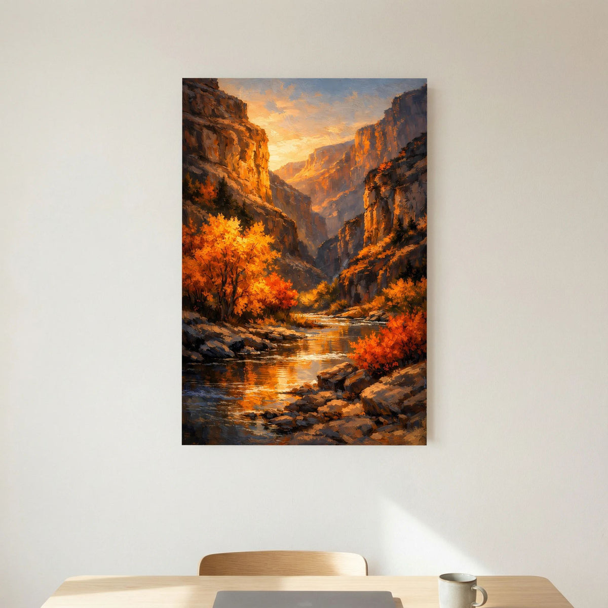Wandbild: Canyon im Sonnenuntergang mit Fluss und orangefarbenem Herbstbaumsaum