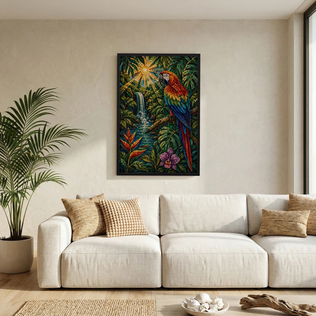 Wandbild im Hochformat: Papagei-Mosaik im tropischen Dschungel mit Sonne und Blüte