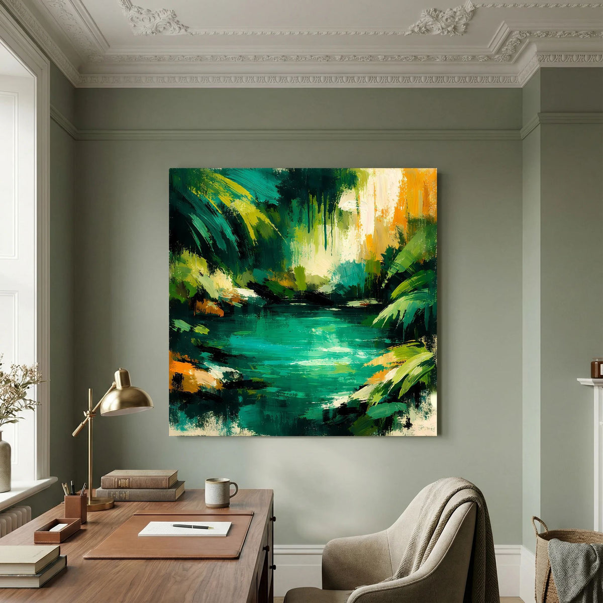 Leinwand Abstraktes Dschungelgewässer | Modernes Urwald Wandbild Smaragdgrün