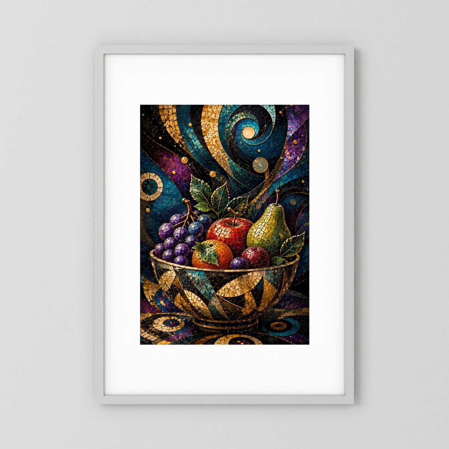 Hochformat-Poster mit Mosaik-Obstschale und goldenen Ornamenten, mehrfarbig
