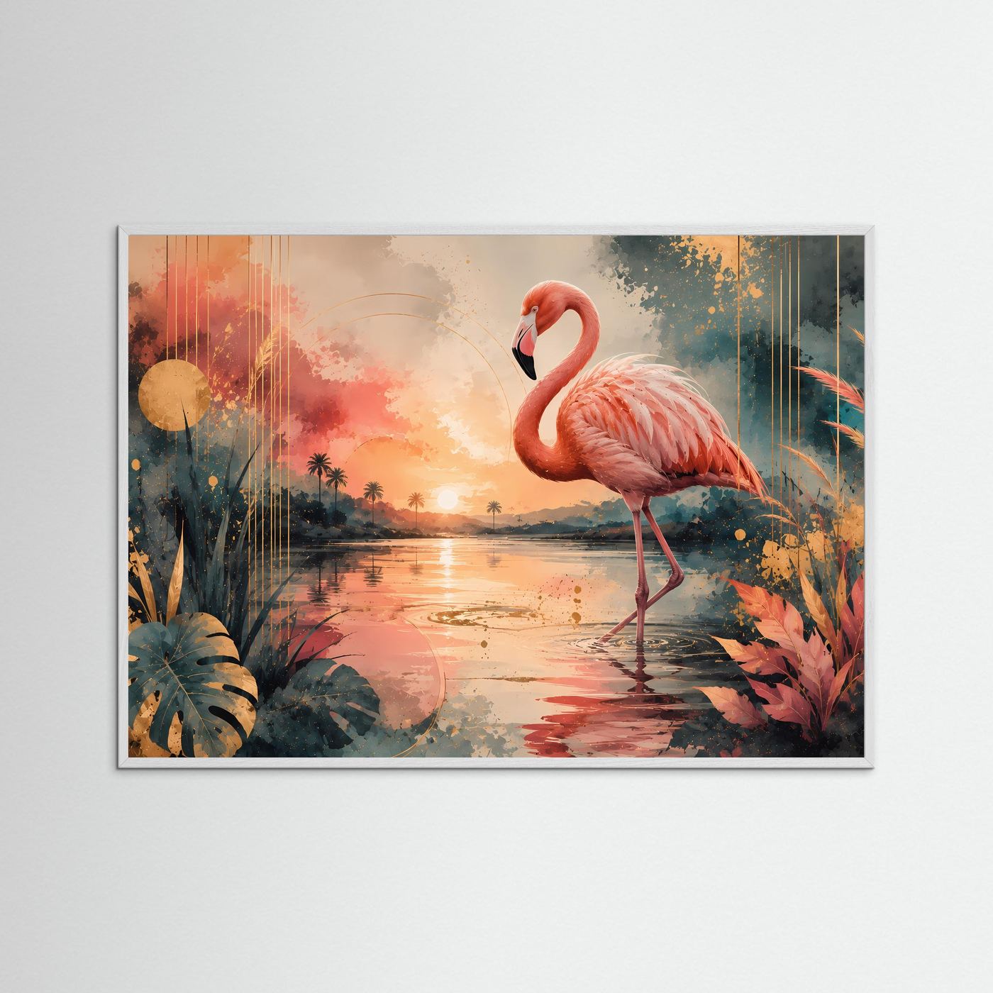 Poster im Querformat mit Flamingo im tropischen Sonnenuntergang, grauer Holzrahmen