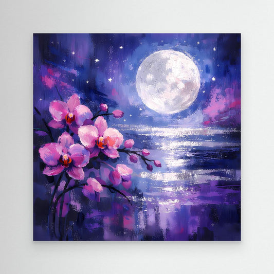 Wandbild auf Leinwand mit rosa Orchideenblüten, großer weißer Vollmond und spiegelndem Wasser
