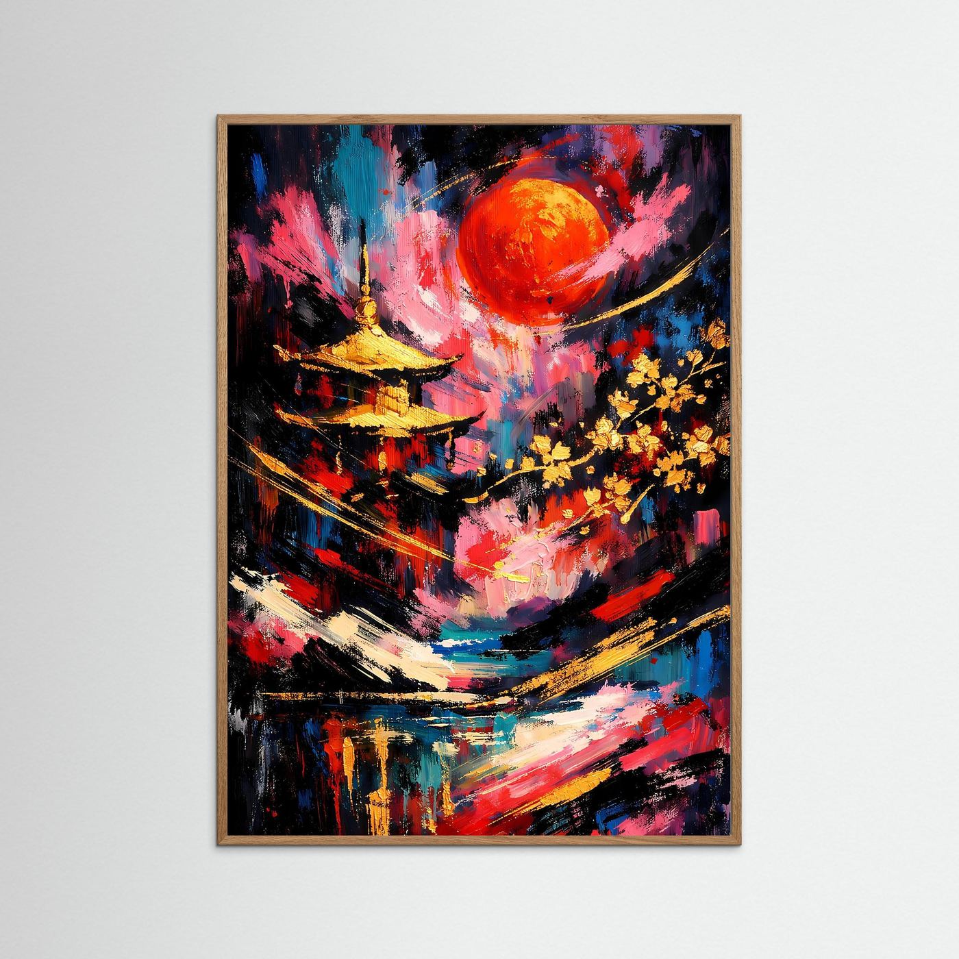 Abstraktes Pagoden-Poster (Hochformat) mit Sonnenmotiv, heller Holzrahmen