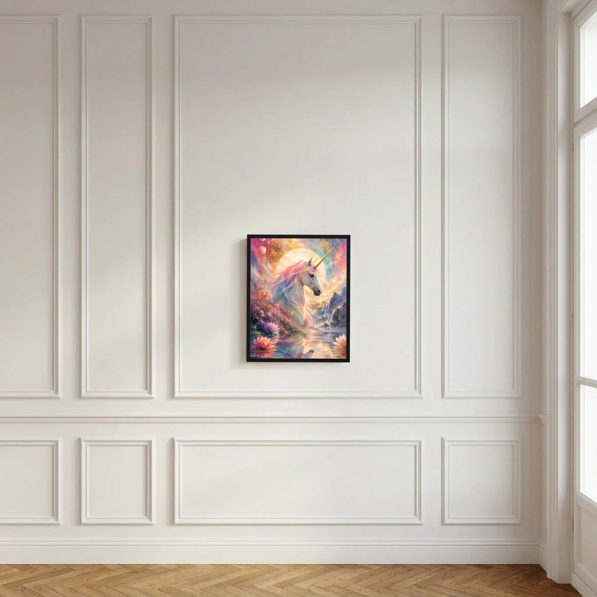 Einhorn-Kunstposter an weißer Wand: weißes Einhorn zwischen pastellfarbenen Blüten