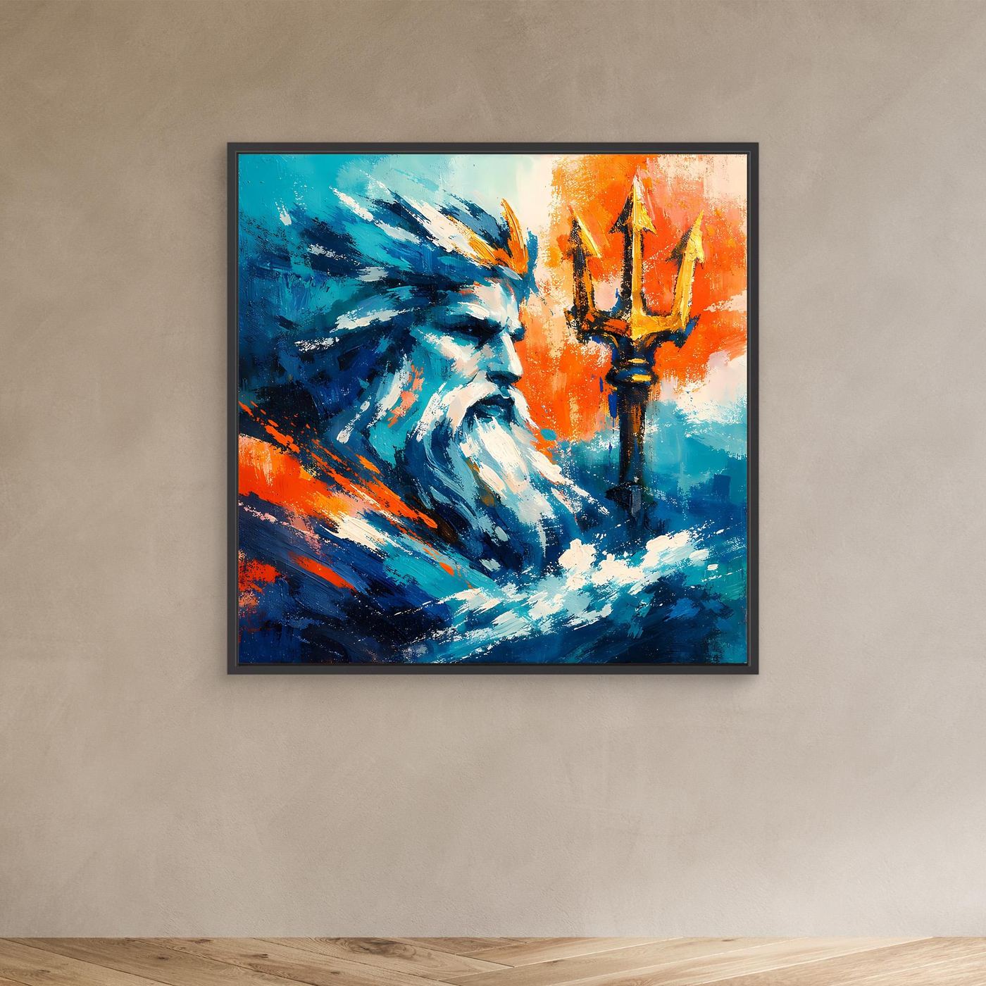 Abstract wall canvas with black frame, blue bearded figure on orange background