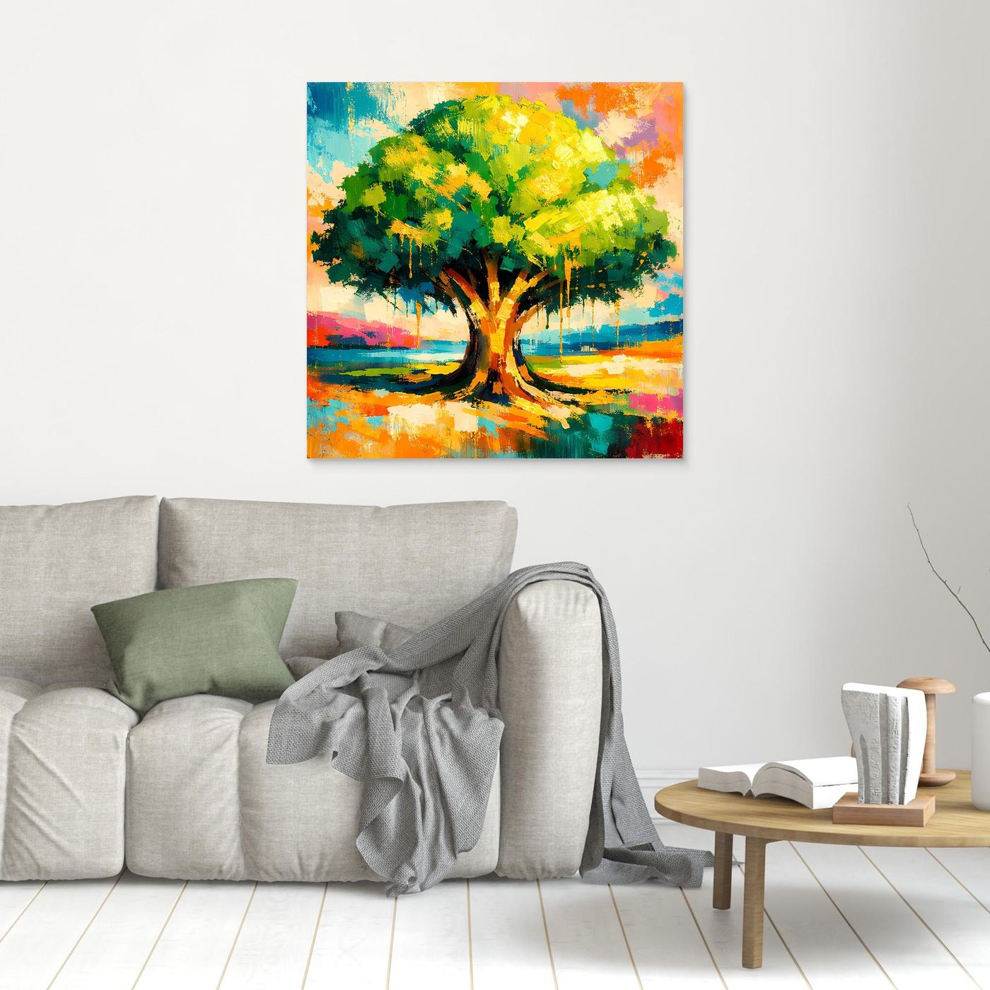 Leinwandbild mit abstraktem Baum im Farbverlauf, kleiner Ausschnitt
