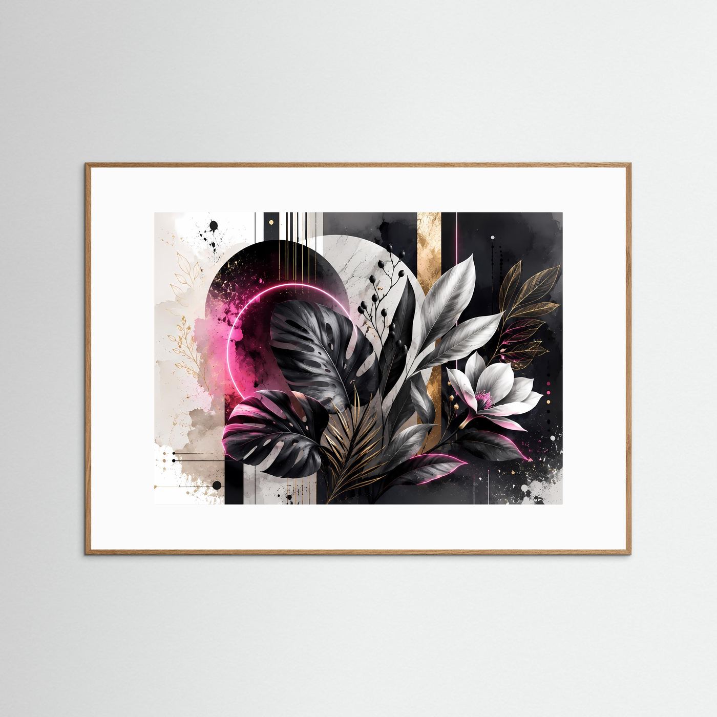 Abstrakte Botanik in Schwarz, Weiß & Pink | Monstera mit Neon & Gold – Moderne Wandkunst