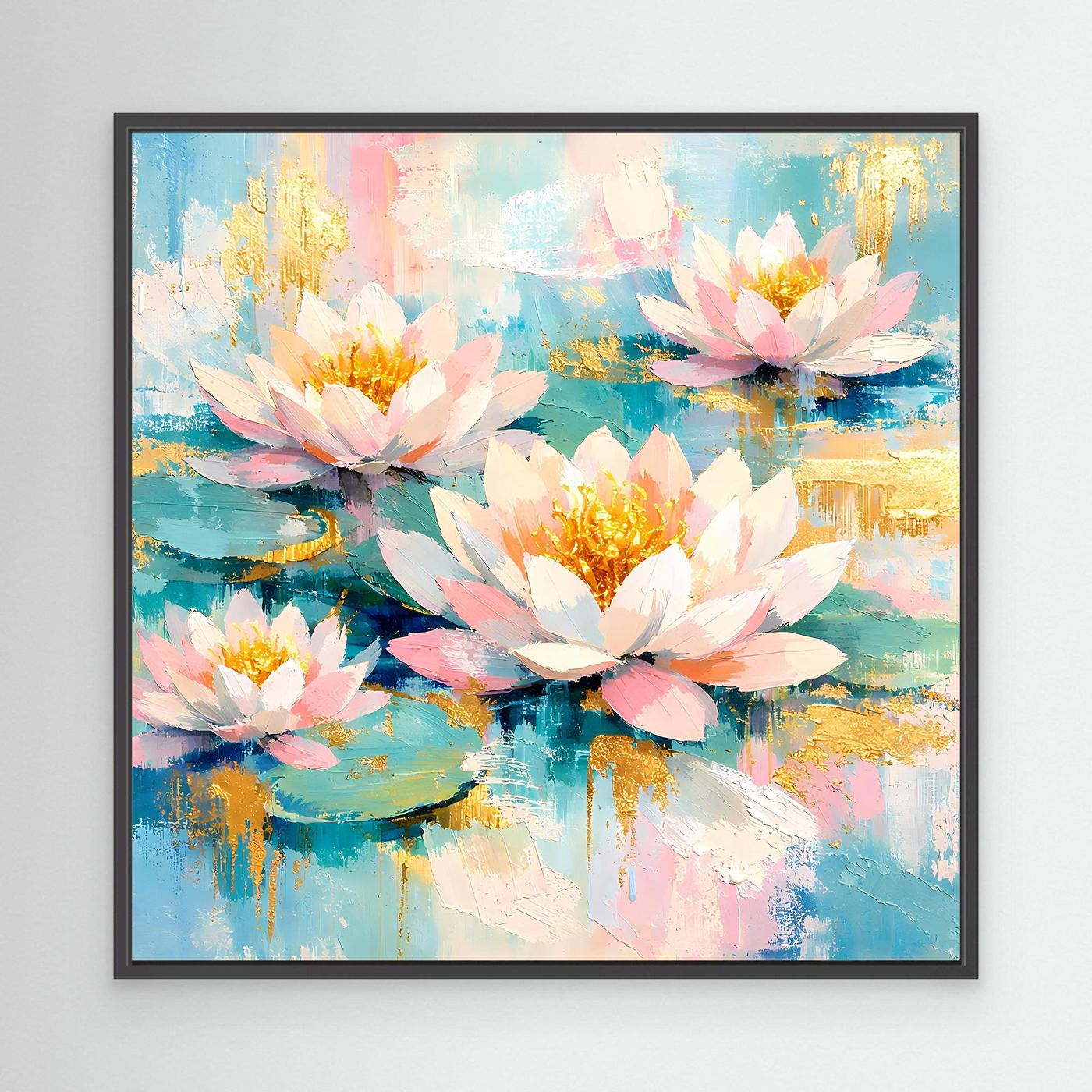 Leinwandbild Seerosen abstrakt mit schwarzem Rahmen, Blüten in Weiß und Rosa mit goldenen Akzenten