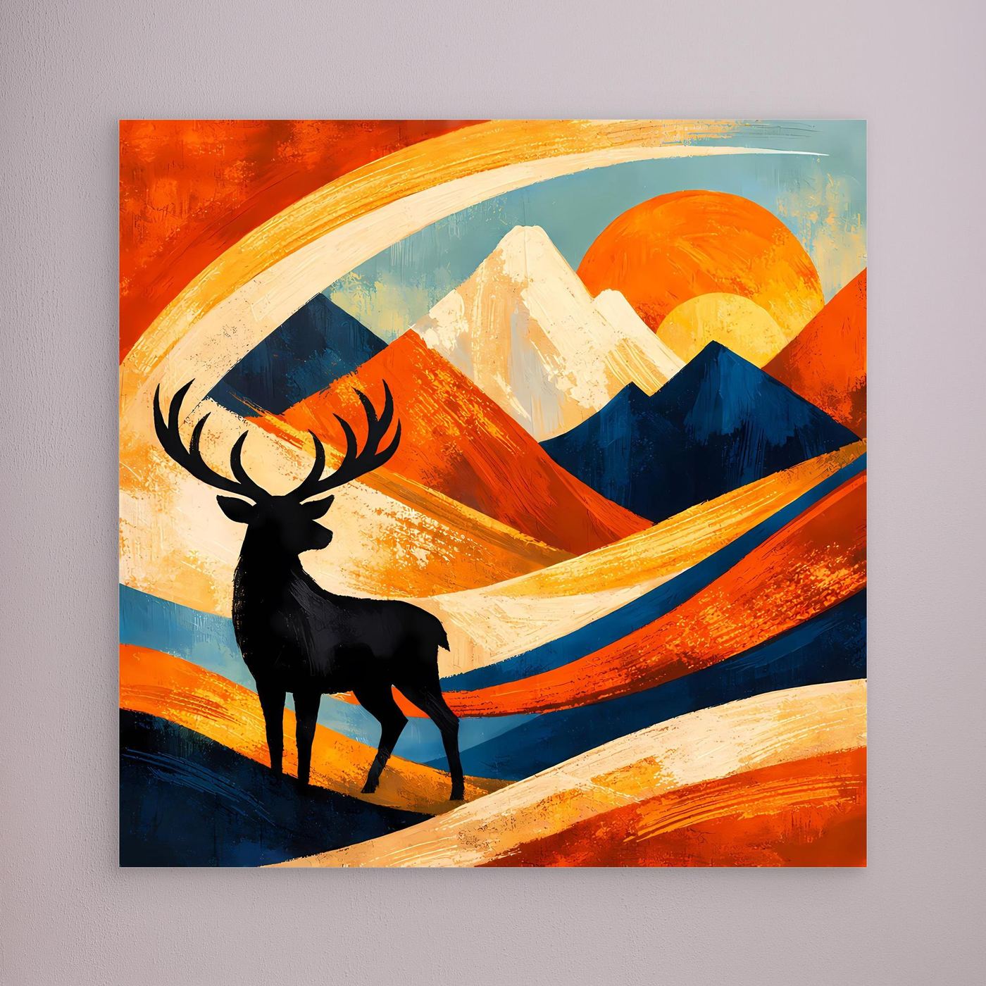 Leinwandbild mit Hirschsilhouette und abstrakten Bergen, heller Rahmen