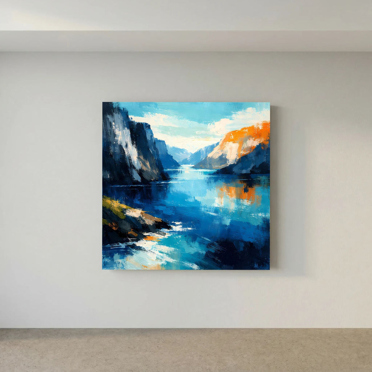 Leinwand Abstraktes Fjord Gemälde | Modernes Norwegisches Wandbild Blau Orange