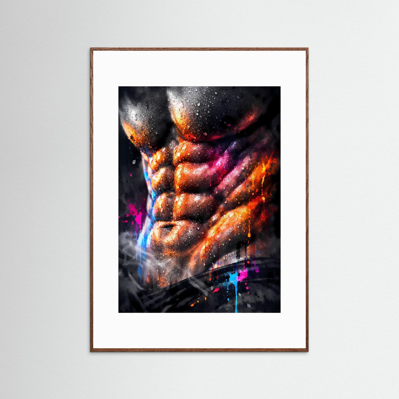 Die Kunst der Definition | Neon Muskel Poster mit durchtrainiertem Sixpack & Regenbogen-Farben | Abstraktes Bodybuilding Kunstposter Hochformat
