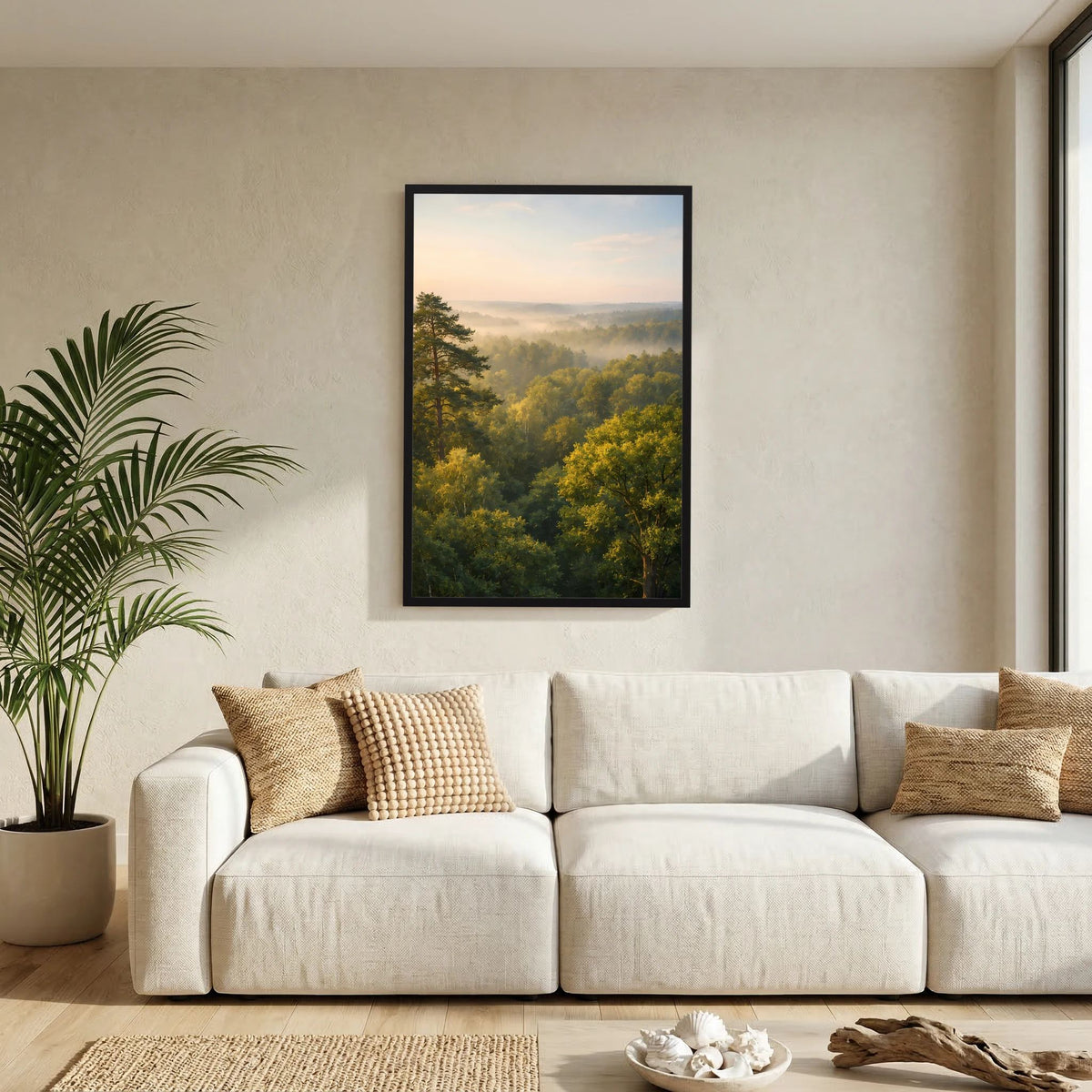 Hochformat-Poster mit Waldlandschaft, schwarzem Rahmen, im Wohnzimmer an der Wand