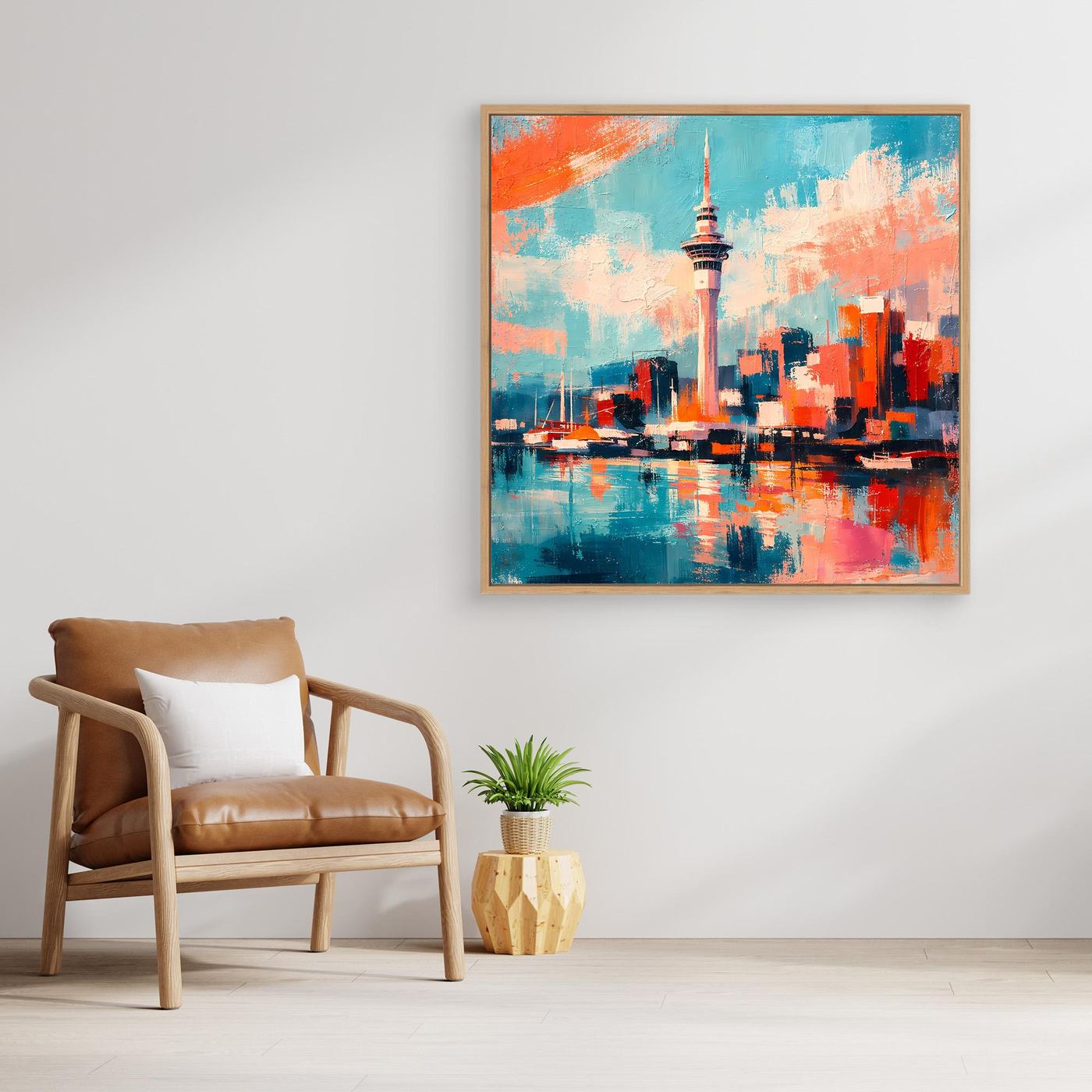 Wandbild mit abstrakter Skyline und Sky Tower, türkis-orange, im Holzrahmen
