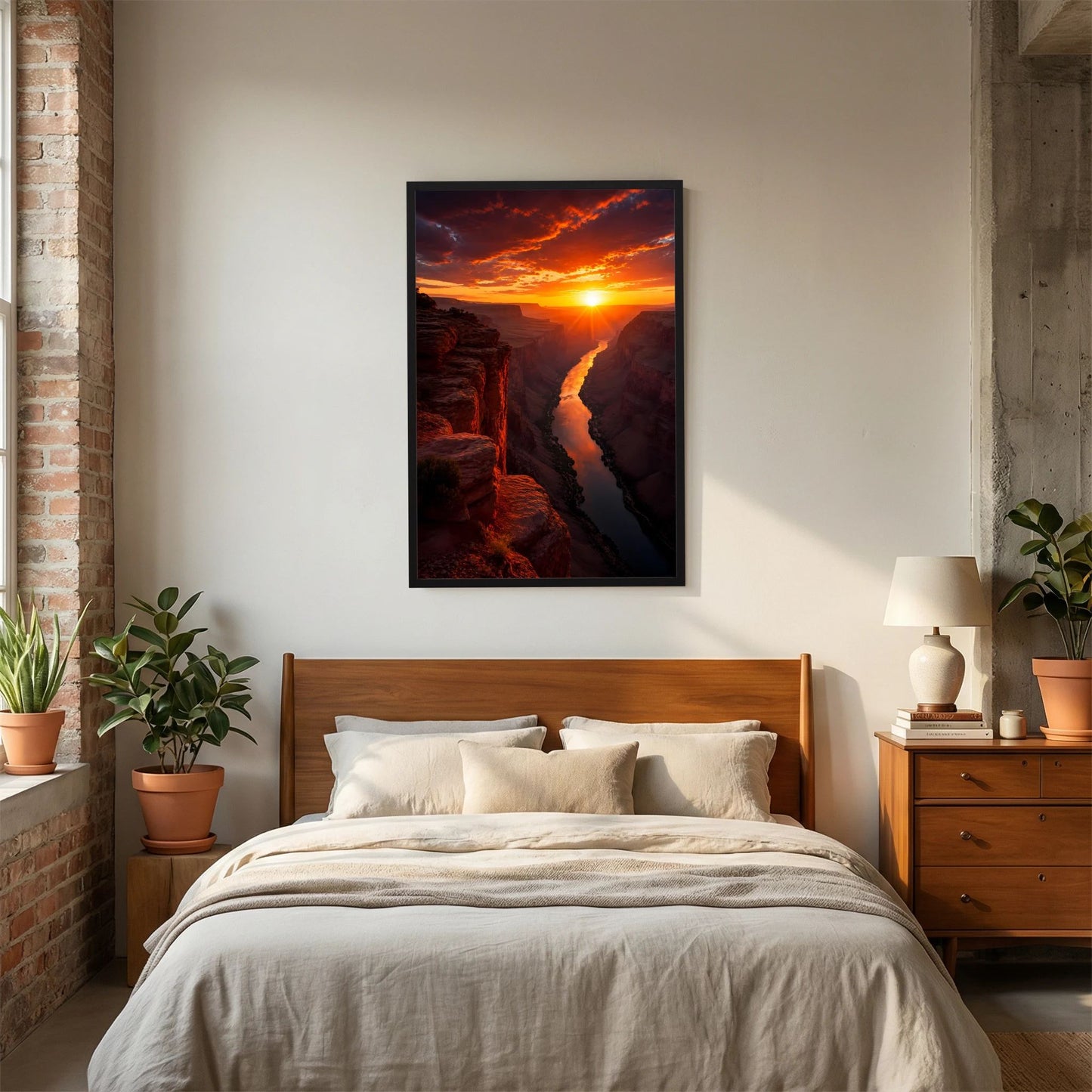 Poster im Hochformat mit schwarzem Rahmen über dem Bett: Schlucht mit Fluss im Abendrot