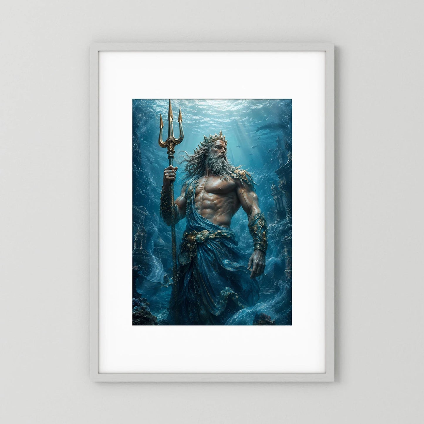 Hochformatiges Poster mit Poseidon und Dreizack in blauem Unterwasserbild, mit hellem Rahmen