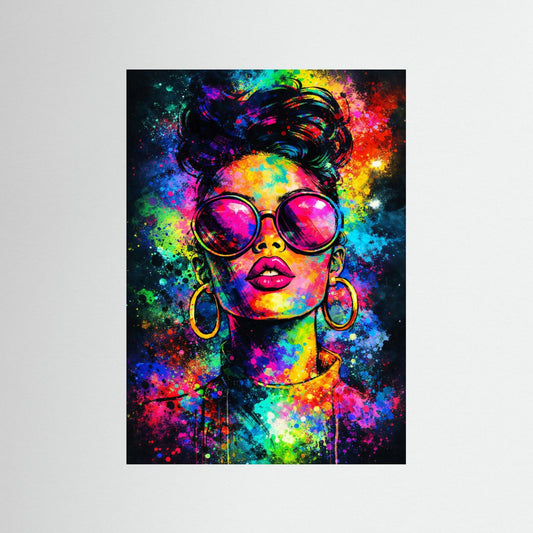 Pop-Art-Kunstposter mit Portrait einer Frau, runde Neon-Sonnenbrille und farbenfrohen Spritzfarben, Hochformat