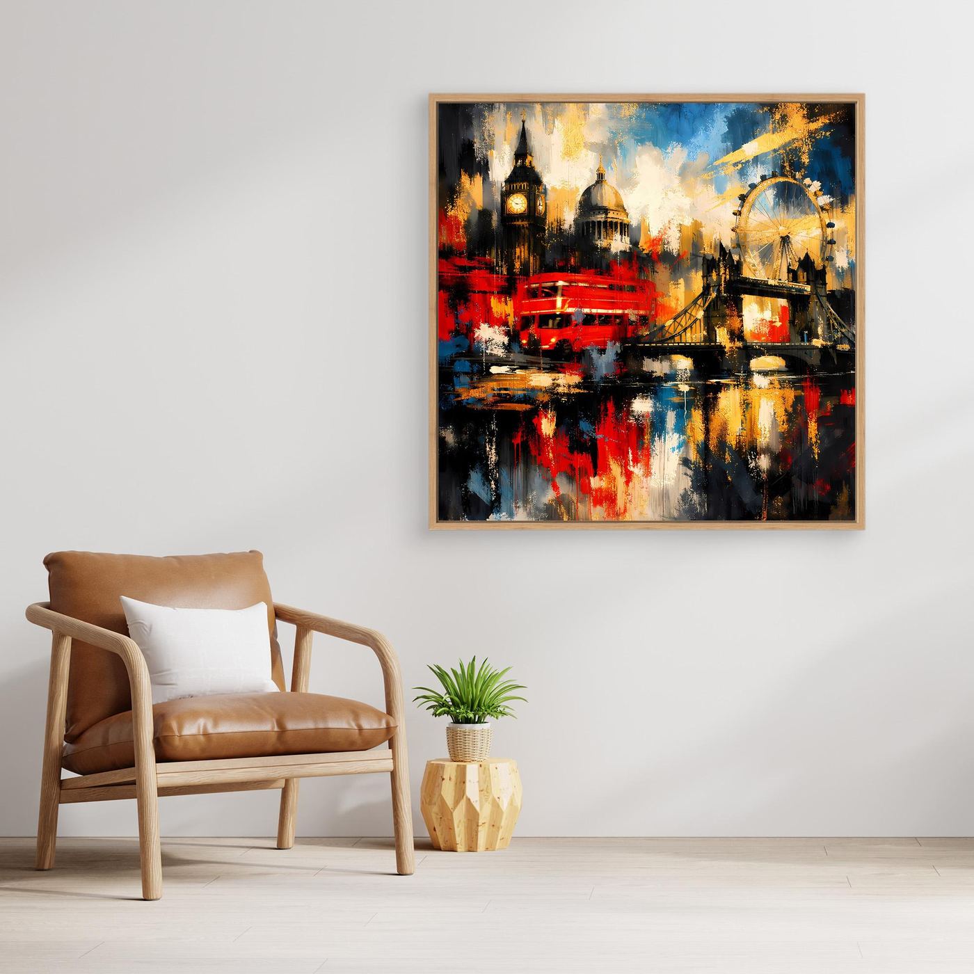 Abstraktes Leinwandbild London-Skyline, bunt mit rotem Boot und Brücke, goldbrauner Rahmen
