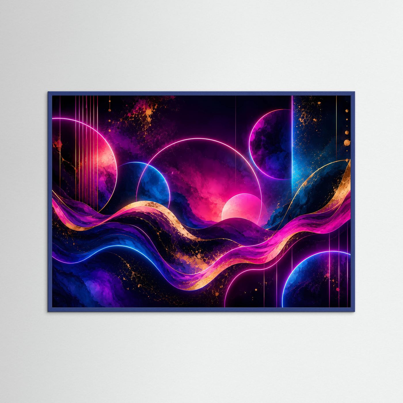 Neon-Wellen-Poster querformat im schwarzen Rahmen, pink-blauer Farbverlauf mit Wellenformen.
