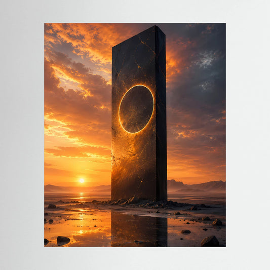 Hochformat-Poster mit schwarzem Monolithen und goldenem Portalring bei Sonnenuntergang am Meer.