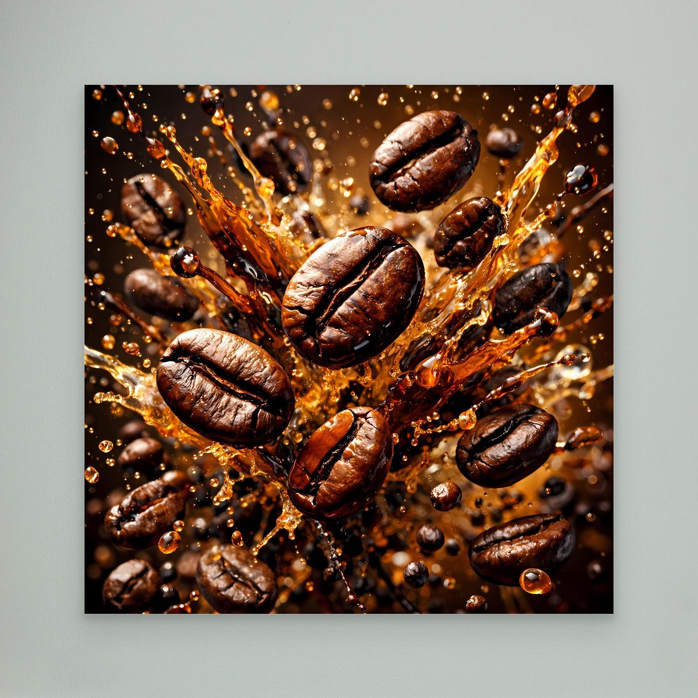Leinwandbild mit Kaffeebohnen-Splash, ohne Rahmen, braun-goldenes Spritzmotiv