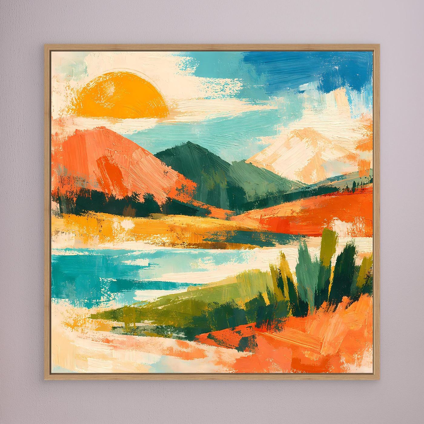 Holzgerahmtes abstraktes Leinwand-Wandbild mit See, Hügeln und gelber Sonne