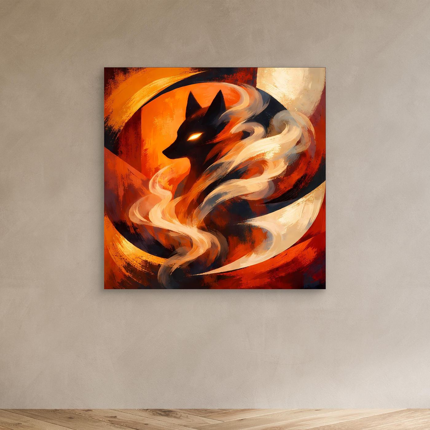 Quadratisches Leinwand-Wandbild mit schwarzem Wolfskopf, Feuernebel in Orange/Rot und Holzrahmen