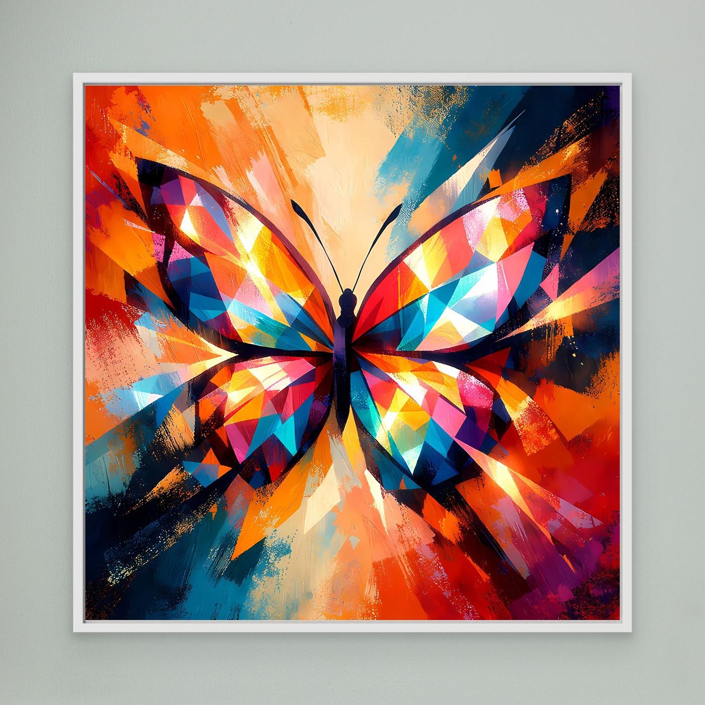Wandbild mit buntem geometrischem Schmetterling, weißer Rahmen