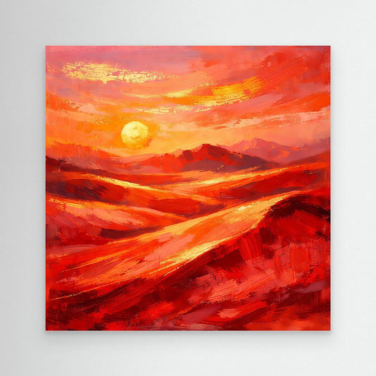 Abstraktes Leinwandbild mit Sonne über roten und orangefarbenen Pinselstrichen, ohne Rahmen