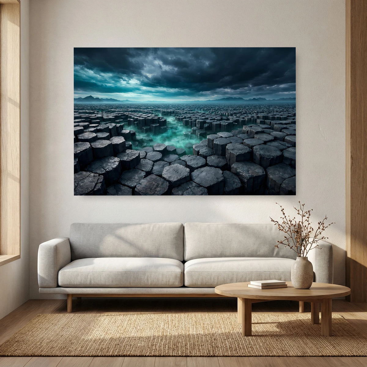 Wandbild im Querformat mit Basaltsäulen-Motiv, türkis schimmerndes Wasser, dunkle Steinblöcke