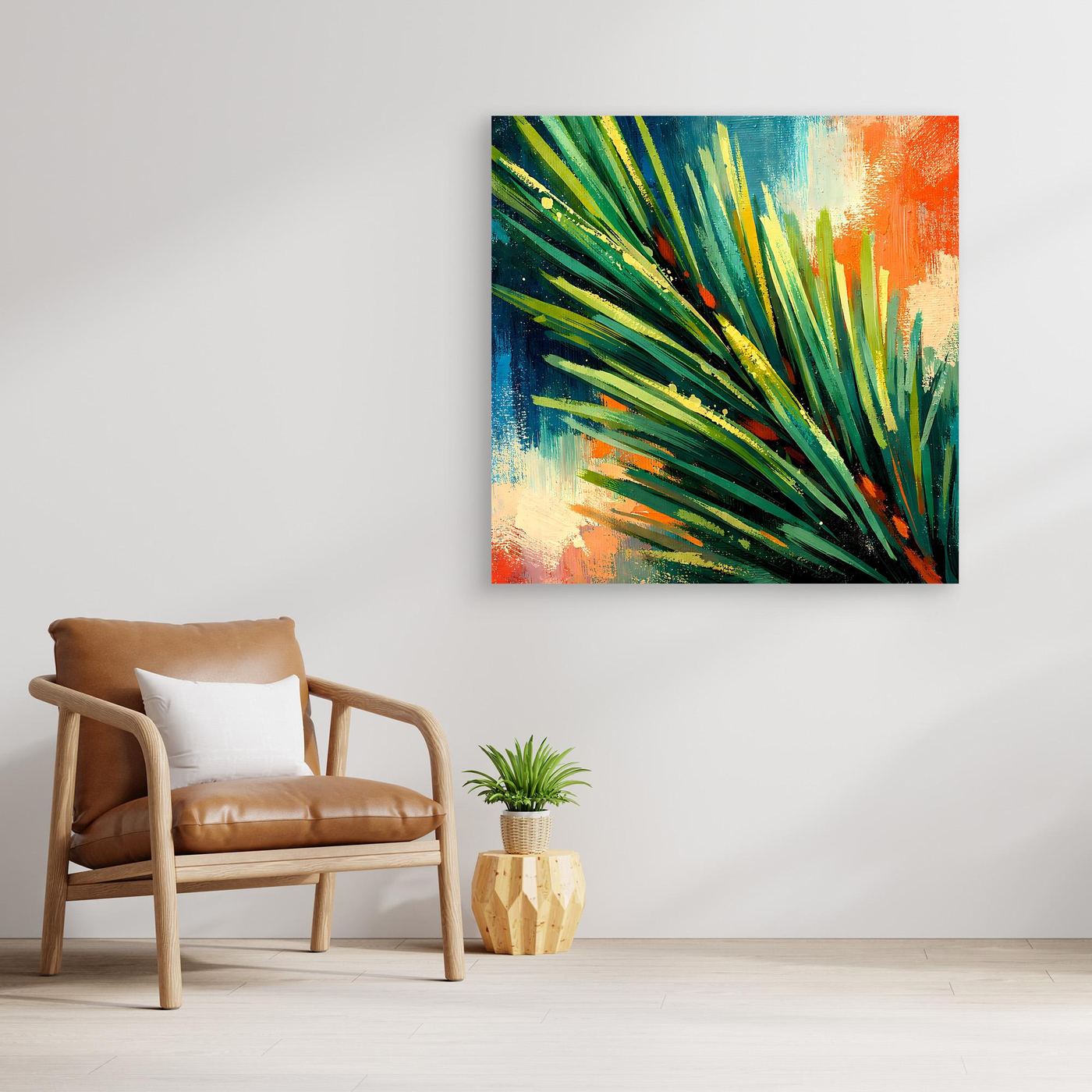 Quadratisches Leinwand-Wandbild mit abstraktem Grün-Design und orangeblauem Farbverlauf