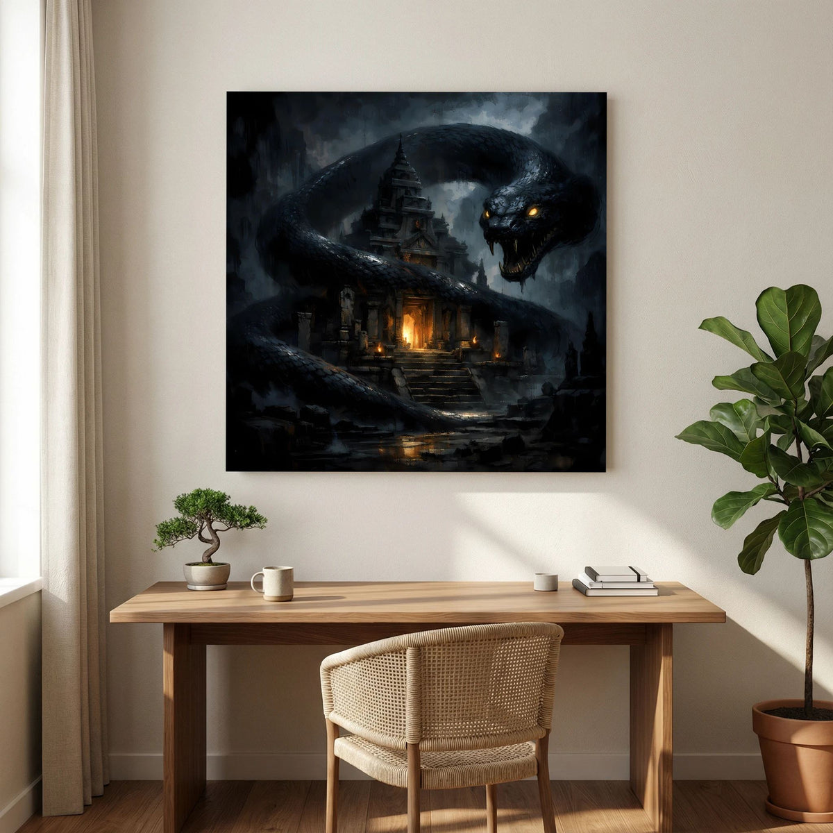 Leinwand-Wandbild: schwarze Riesenschlange, düsterer Tempel und warme Lichtpunkte