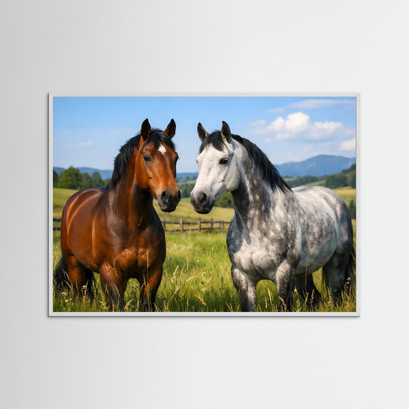 Wildtierposter mit zwei Pferden, braun und weiß-grau, im blauen Rahmen (Querformat)