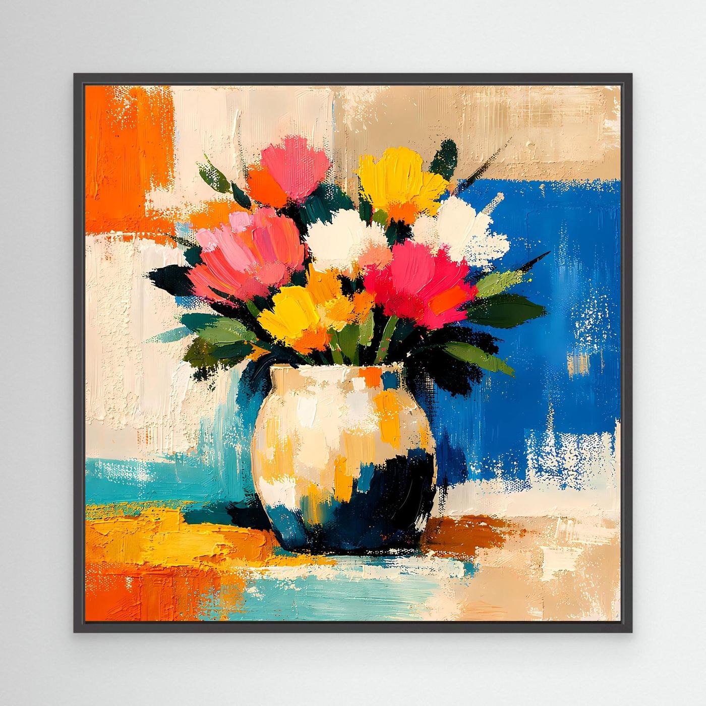 Black framed canvas wall art showing a bright flower bouquet in a vase, abstract