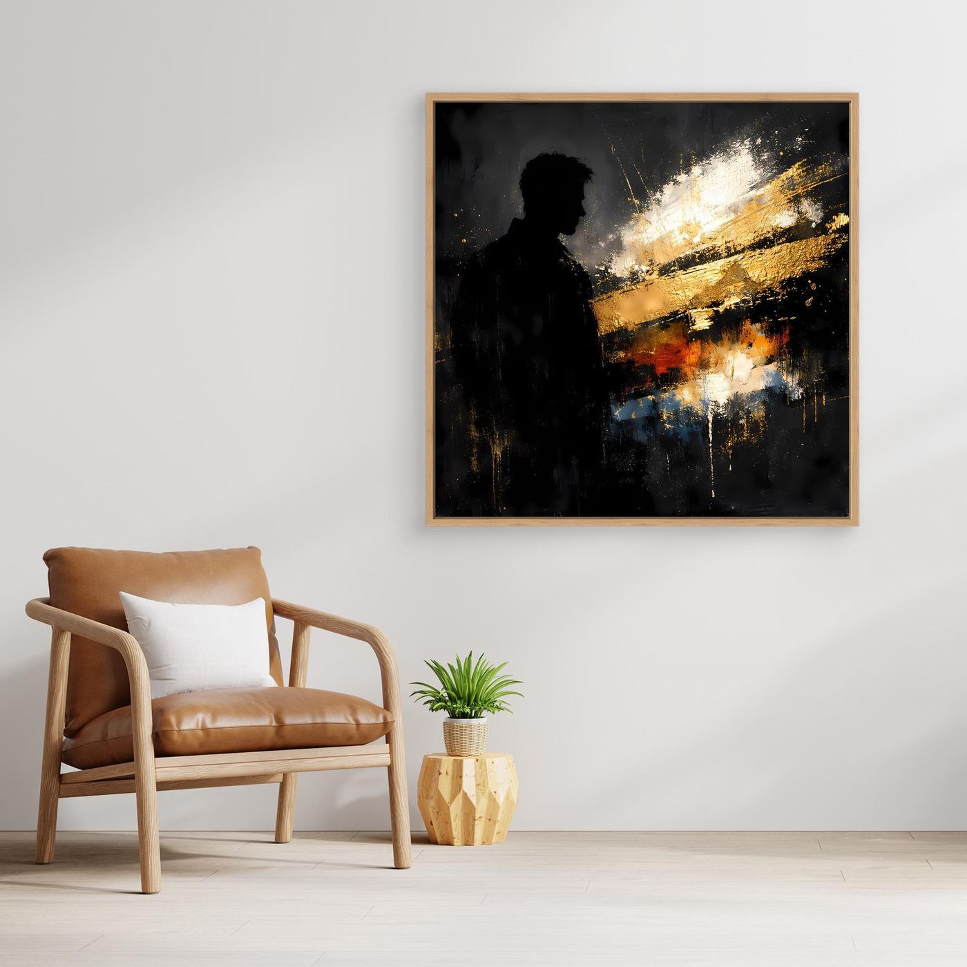 Leinwand Markante Silhouette in Gold und Schwarz | Modernes Abstraktes Männer Portrait Wandbild