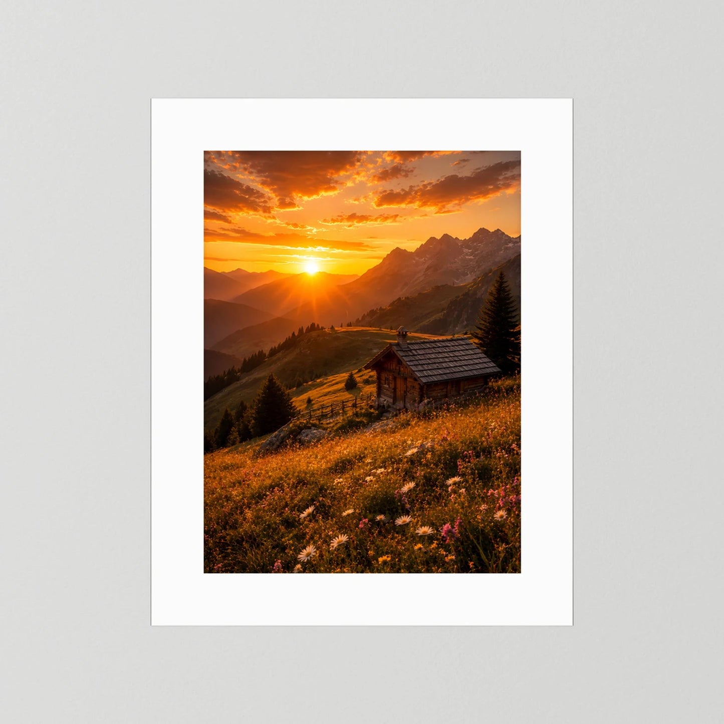 Poster mit Sonnenuntergang über Bergen und Berghütte, weißes Passepartout im Rahmenlos-Look