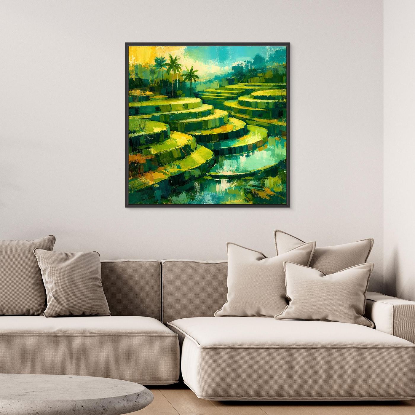 Leinwandbild: Reisterrassen in Grün mit Wasser und Sonne, abstrakt, goldener Rahmen