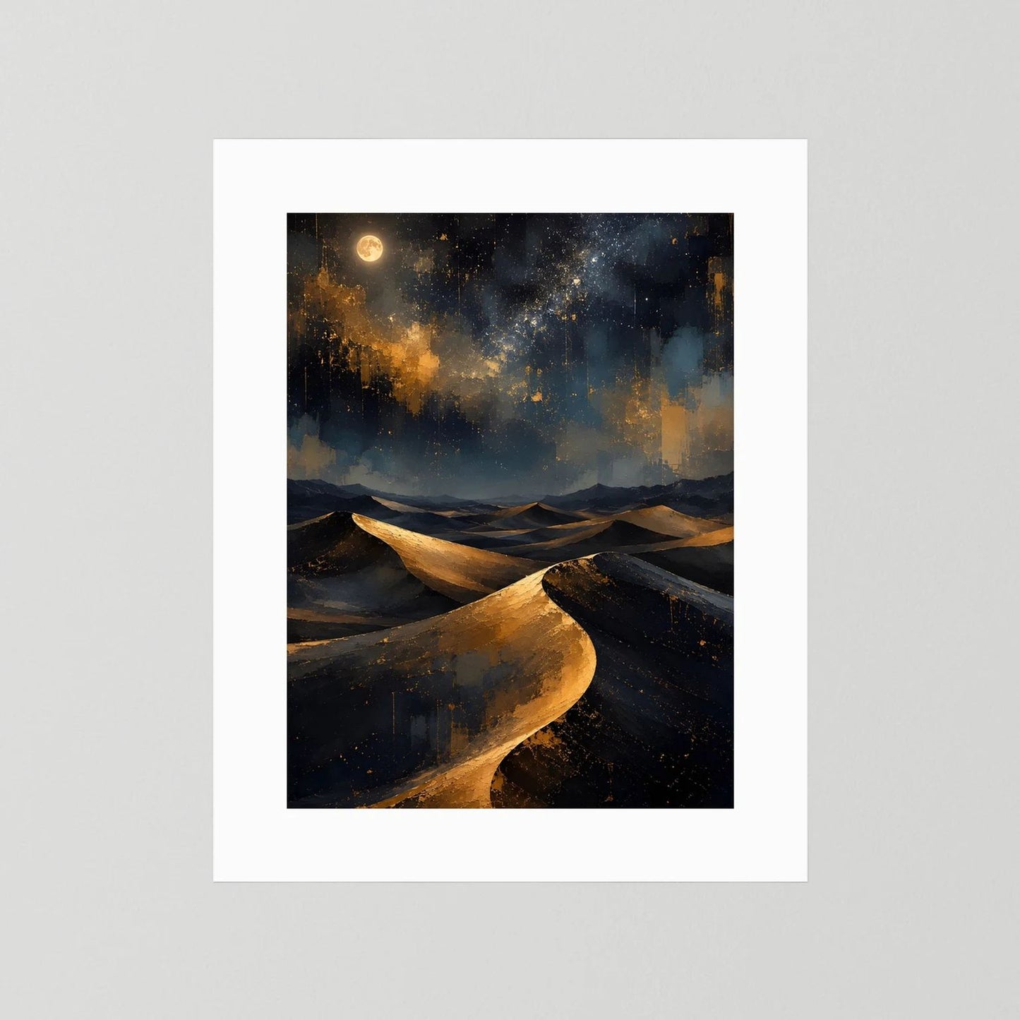 Poster mit goldenen Dünen und Mondlicht, weißer Passepartout ohne Rahmen