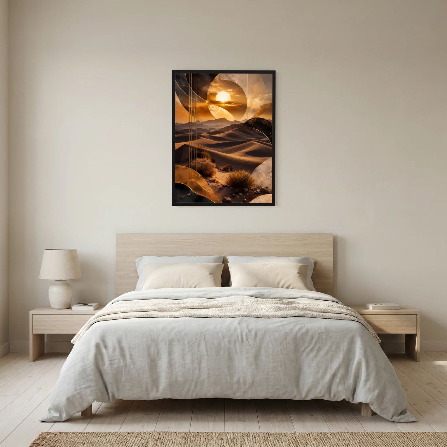 Hochformat-Poster mit goldenem Wüstenmotiv und Sonnenkreis, schwarzer Rahmen