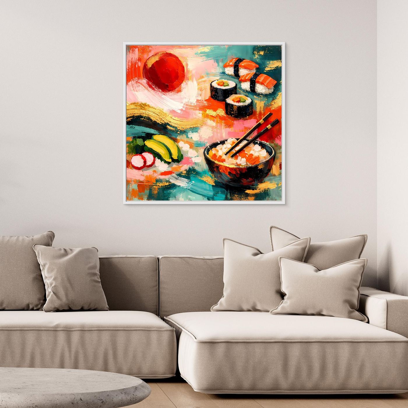 Leinwandbild mit Sushi-Motiv in kräftigen Farben, mit silbernem Rahmen