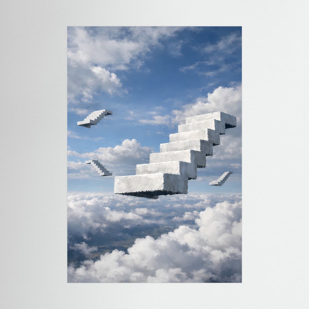 Poster mit schwebenden weißen Treppen über Wolken, Motiv zentriert im Hochformat