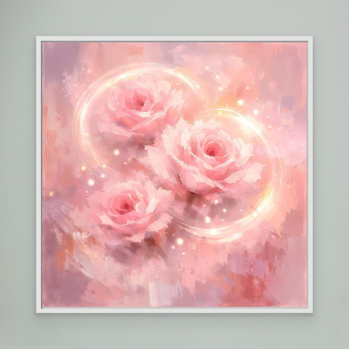Wandbild auf Leinwand mit rosa Rosen, zwei schimmernden Kreisen und Punkten, weiß gerahmt