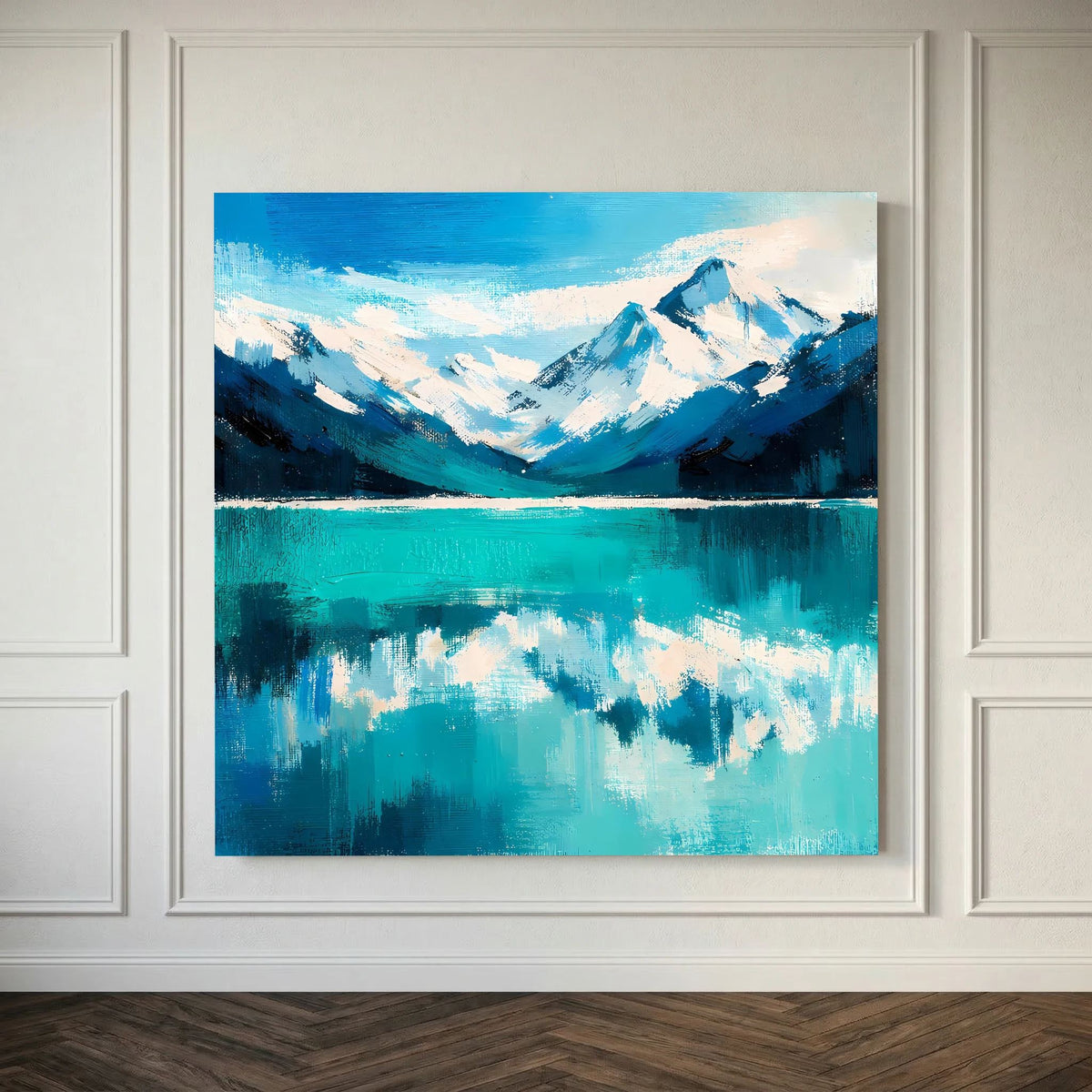 Leinwand Abstraktes Bergsee Gemälde | Modernes Alpines Wandbild Türkis Blau