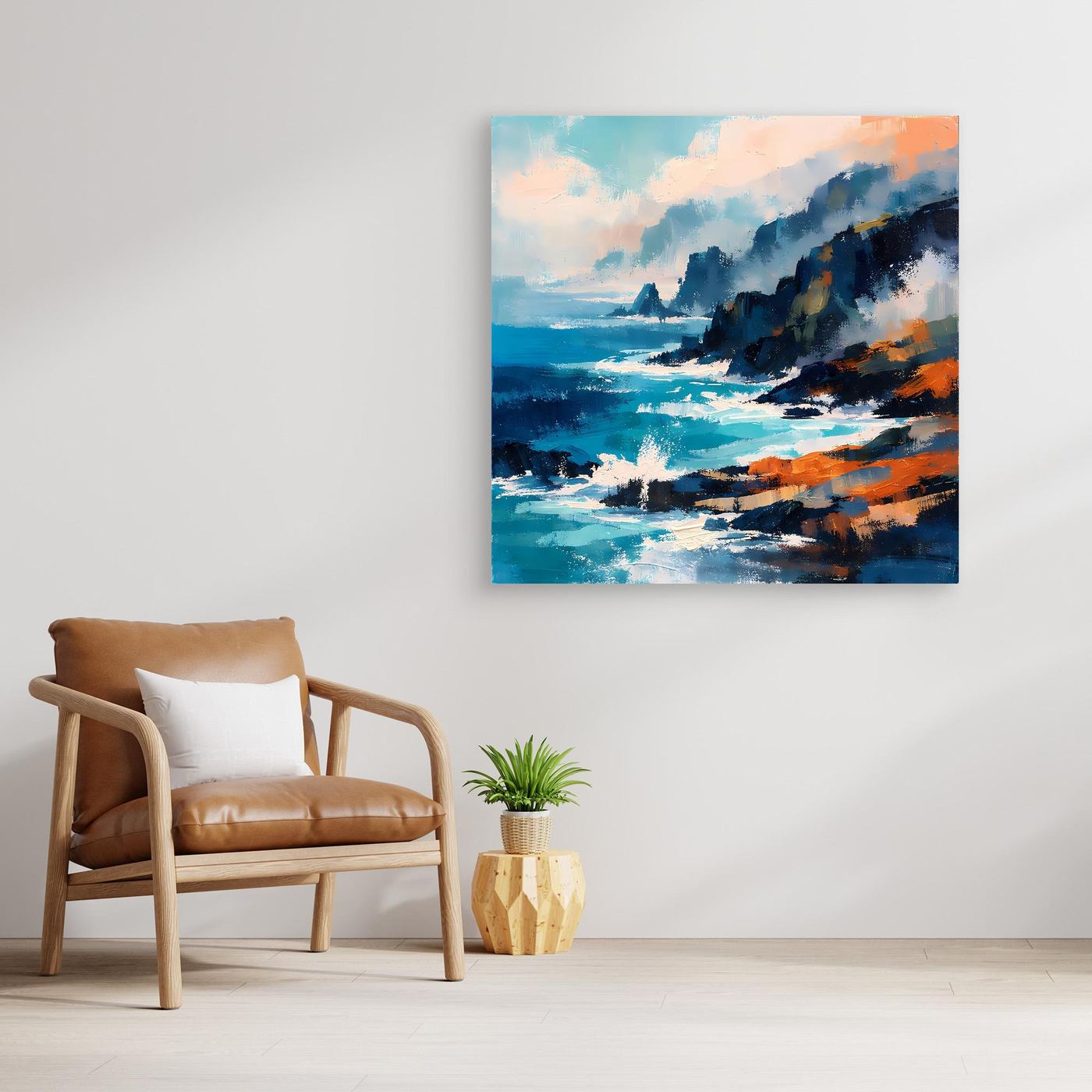 Abstraktes Leinwand-Wandbild mit Meer und Küstenfelsen, Holzrahmen