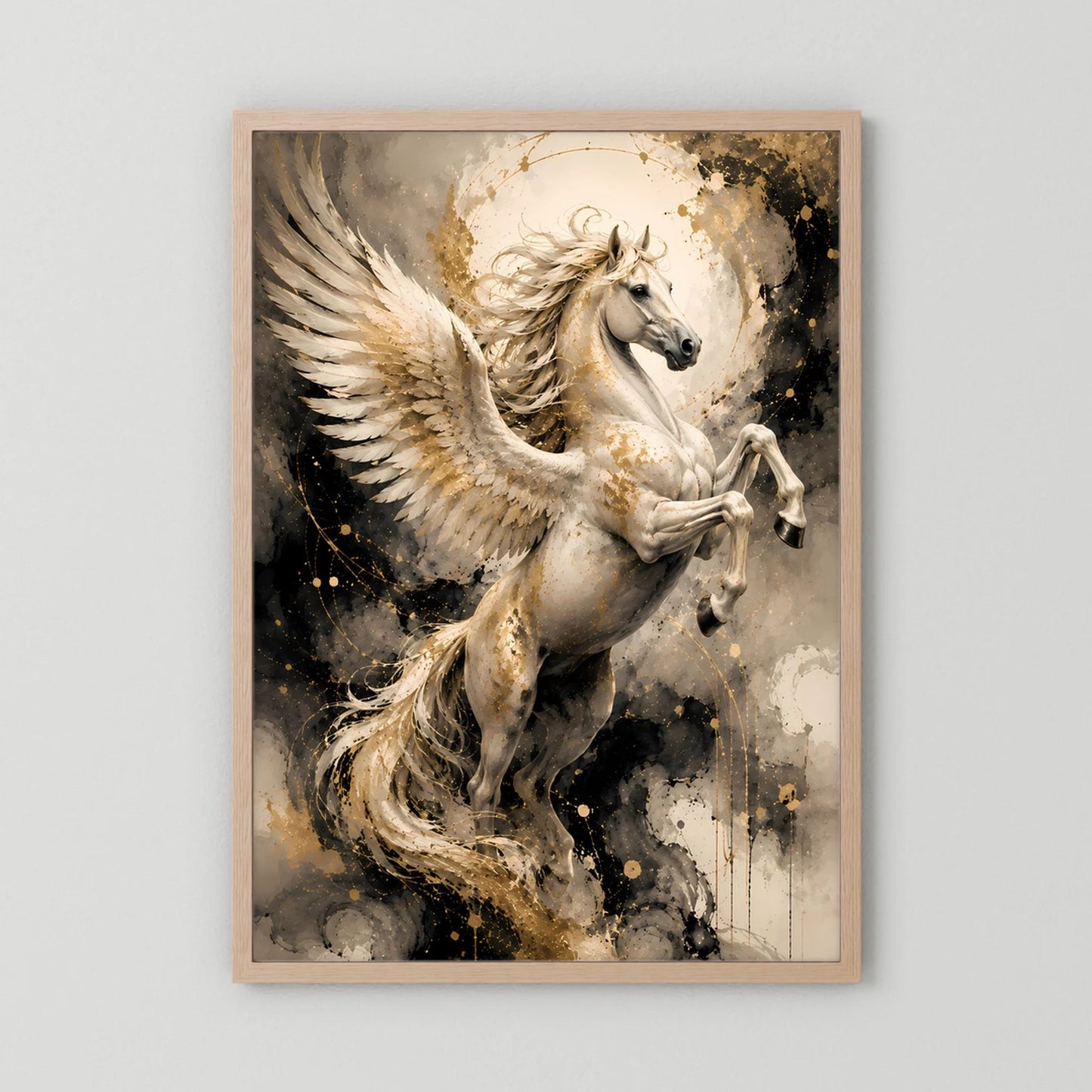 Poster im Holzrahmen mit abstraktem Pegasus-Motiv, goldene Sprenkel und weiße Flügel, Hochformat