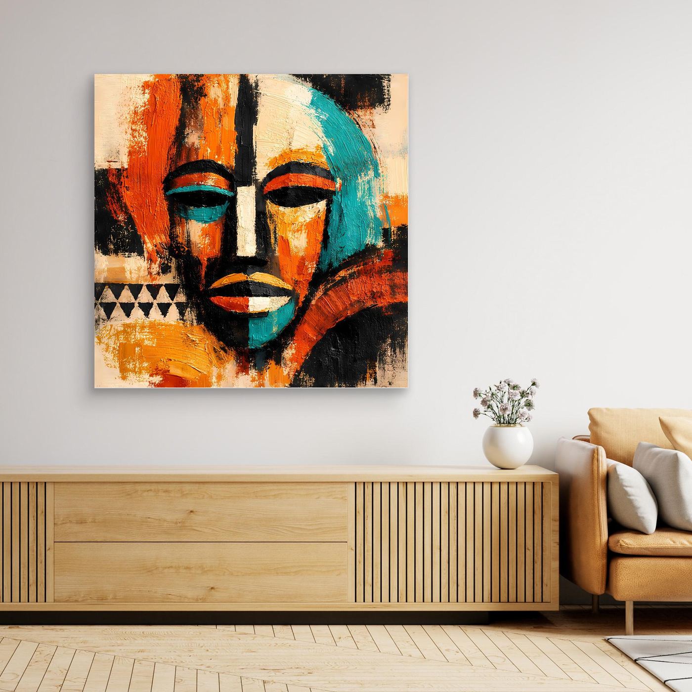Abstract mask wall canvas with teal face details, orange-red highlights, and black accents