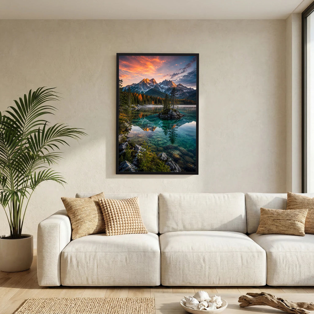 Kristallklarer Bergsee im Abendlicht | Bergpanorama mit Spiegelung | Poster Hochformat