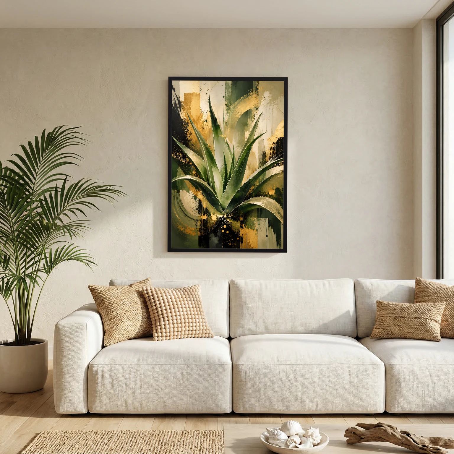 Aloe-Vera-Wandposter mit abstrakter Pflanze in Grün und Gold, im schwarzen Rahmen