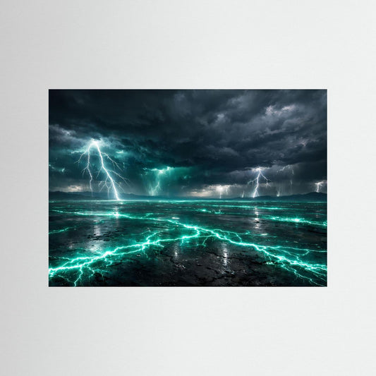 Gewitter-Blitz-Poster mit schwarzem Rahmen, türkis leuchtende Blitze über dunkler See